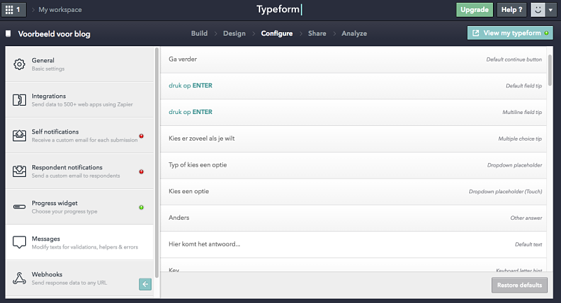 Typeform teksten aanpassen